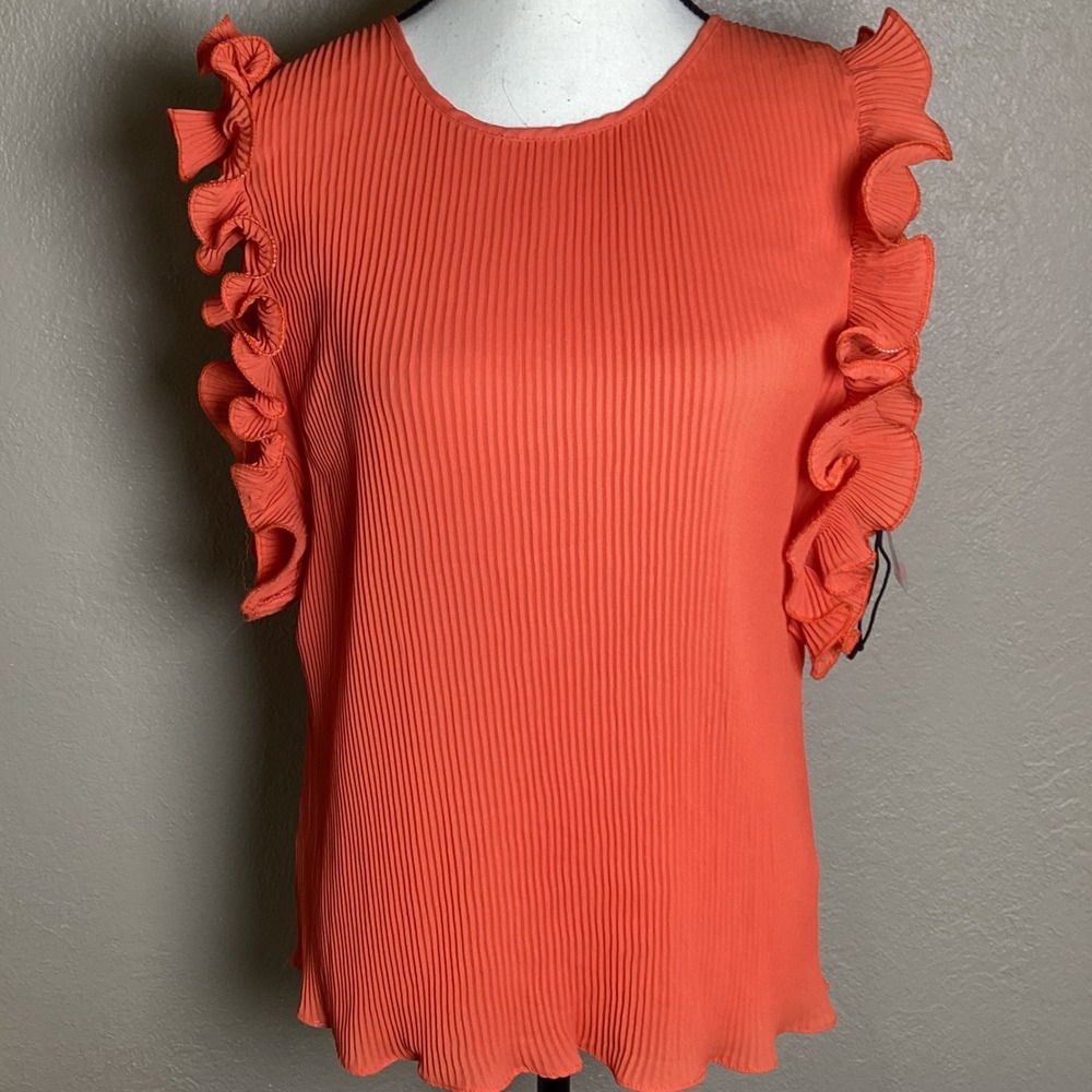 Milk & Honey Orange Accordion Pleat Ruffle Sleeve Blouse‎ Top 57668T Size Large